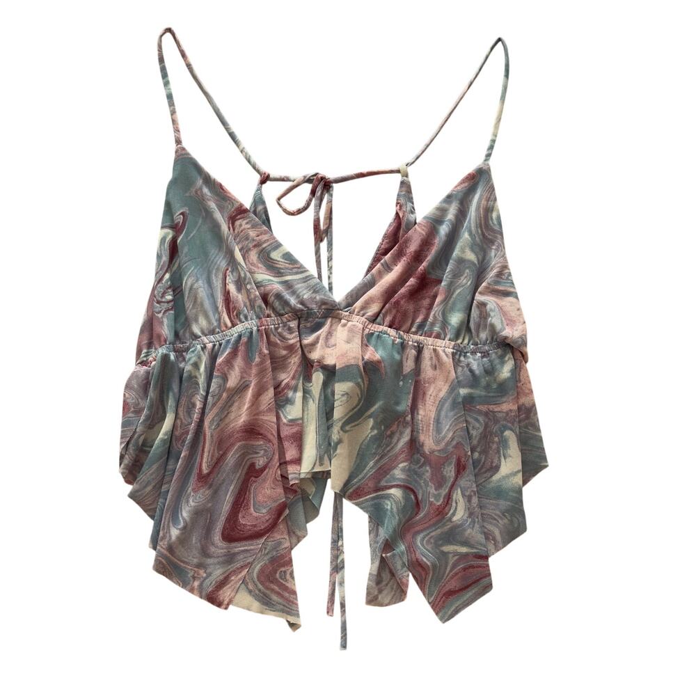 Urban Outfitters Blue Pink Marble Mesh Ruffle Crop Top Size L Y2K